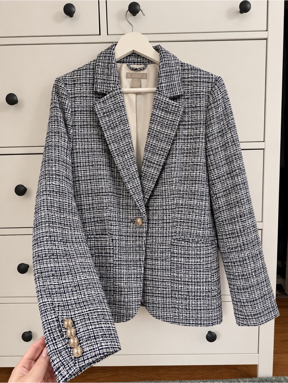 H&M Black & White Tweed Single-Button Blazer